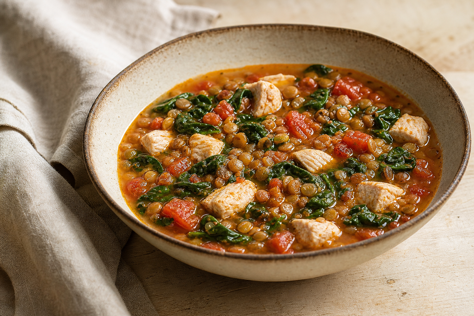 Lentil, tomato, and spinach soup with chicken in a ceramic bowl