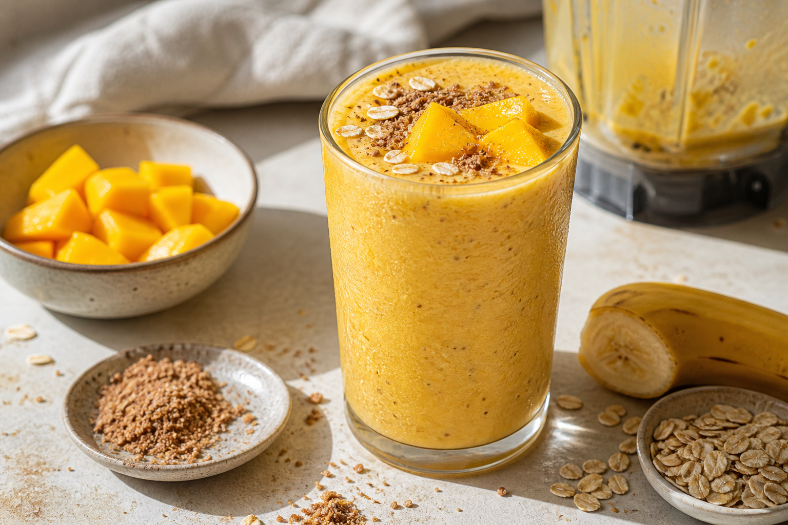 Mango kefir oat smoothie with banana, flaxseed, and oats in warm morning light