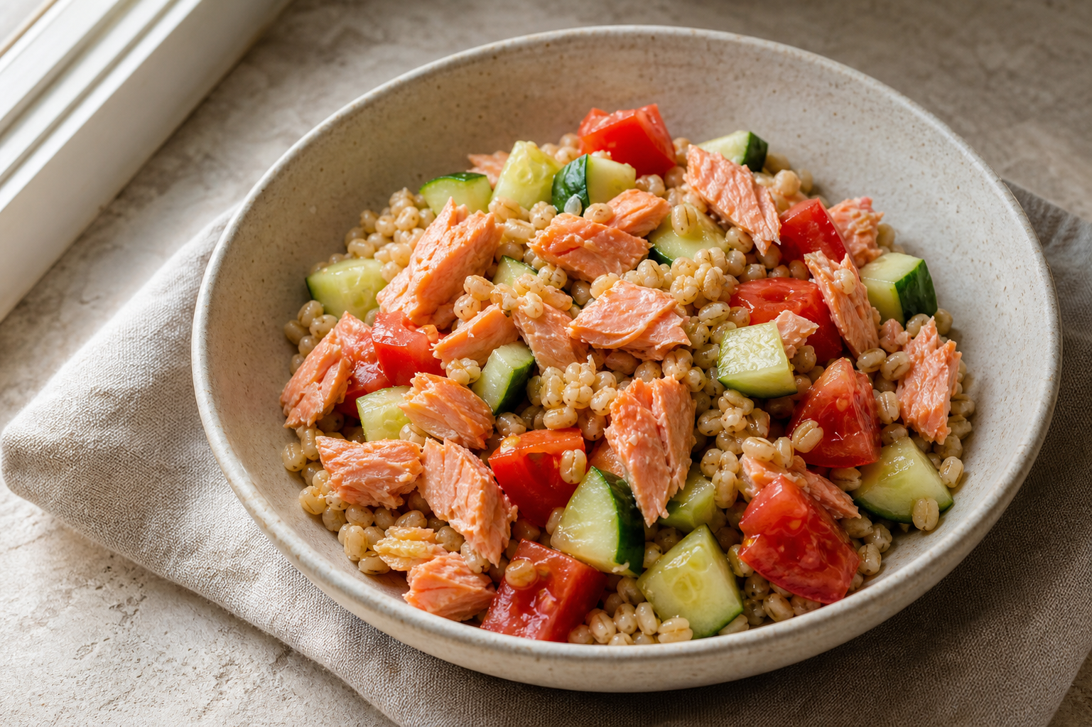 Mediterranean salmon and barley bowl with cucumber and tomato in a ceramic bowl