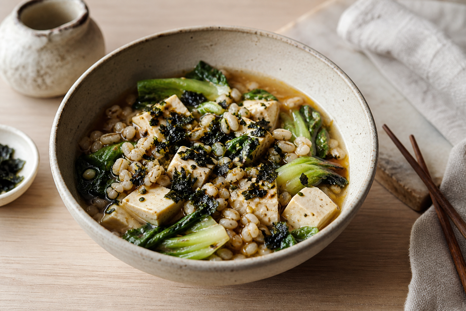 Warm barley bowl with tofu, bok choy, and scattered nori in a ceramic bowl