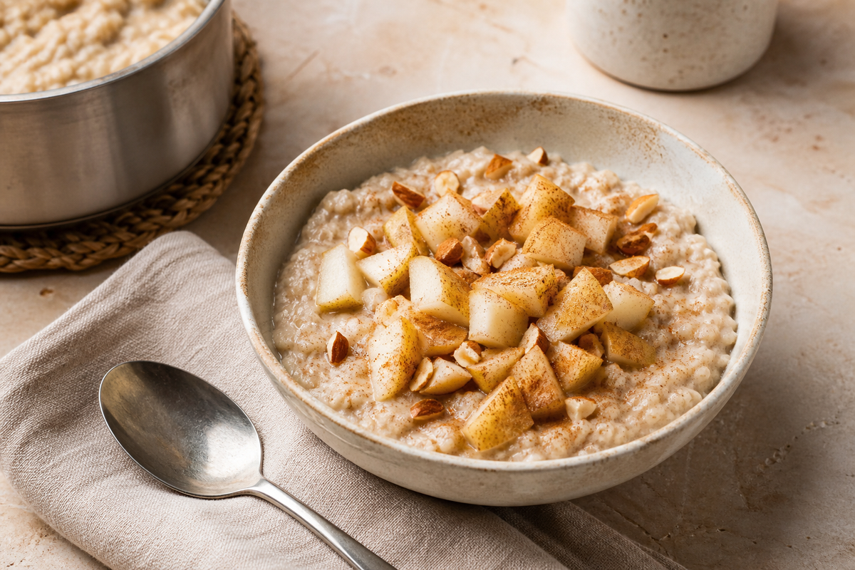 Warm oat-bran porridge topped with diced pear, almonds, and cinnamon