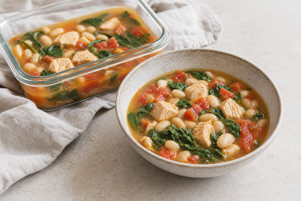 Chicken, white bean, tomato, and spinach soup beside a glass meal-prep container