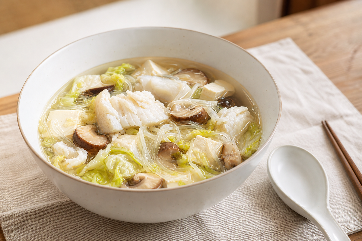 Clear cod, cabbage, tofu, and mushroom soup with glass noodles in a white bowl