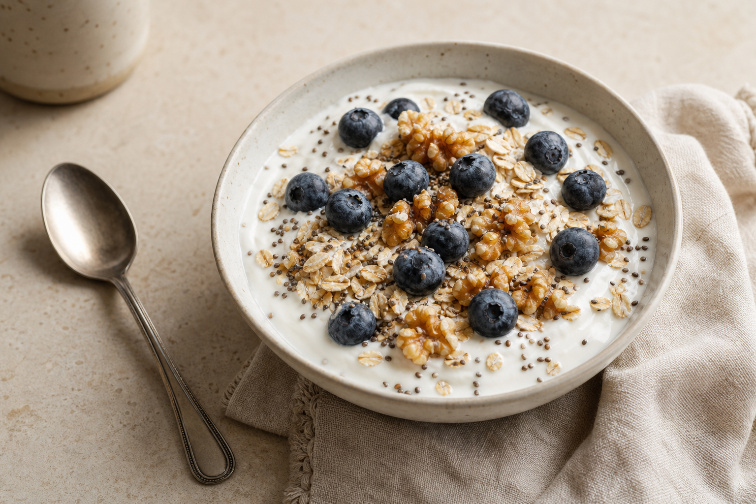 Greek yogurt bowl topped with blueberries, oats, walnuts, and chia seeds on a warm neutral table