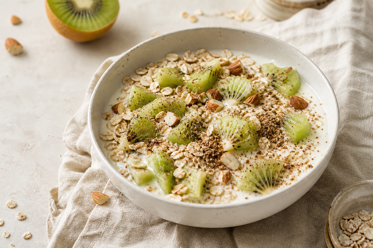 Yogurt muesli bowl topped with kiwi, oats, almonds, and ground flaxseed